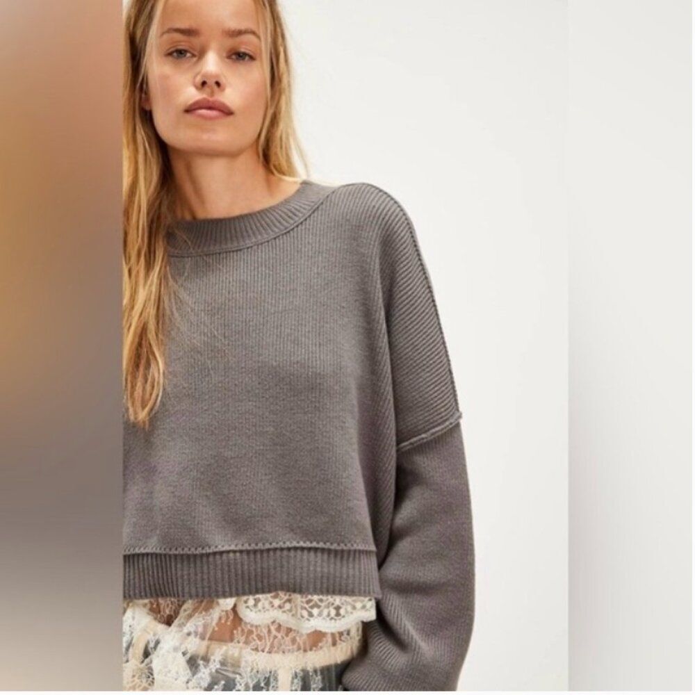 Free People Easy Street Cropped Gray Pullover Sweater